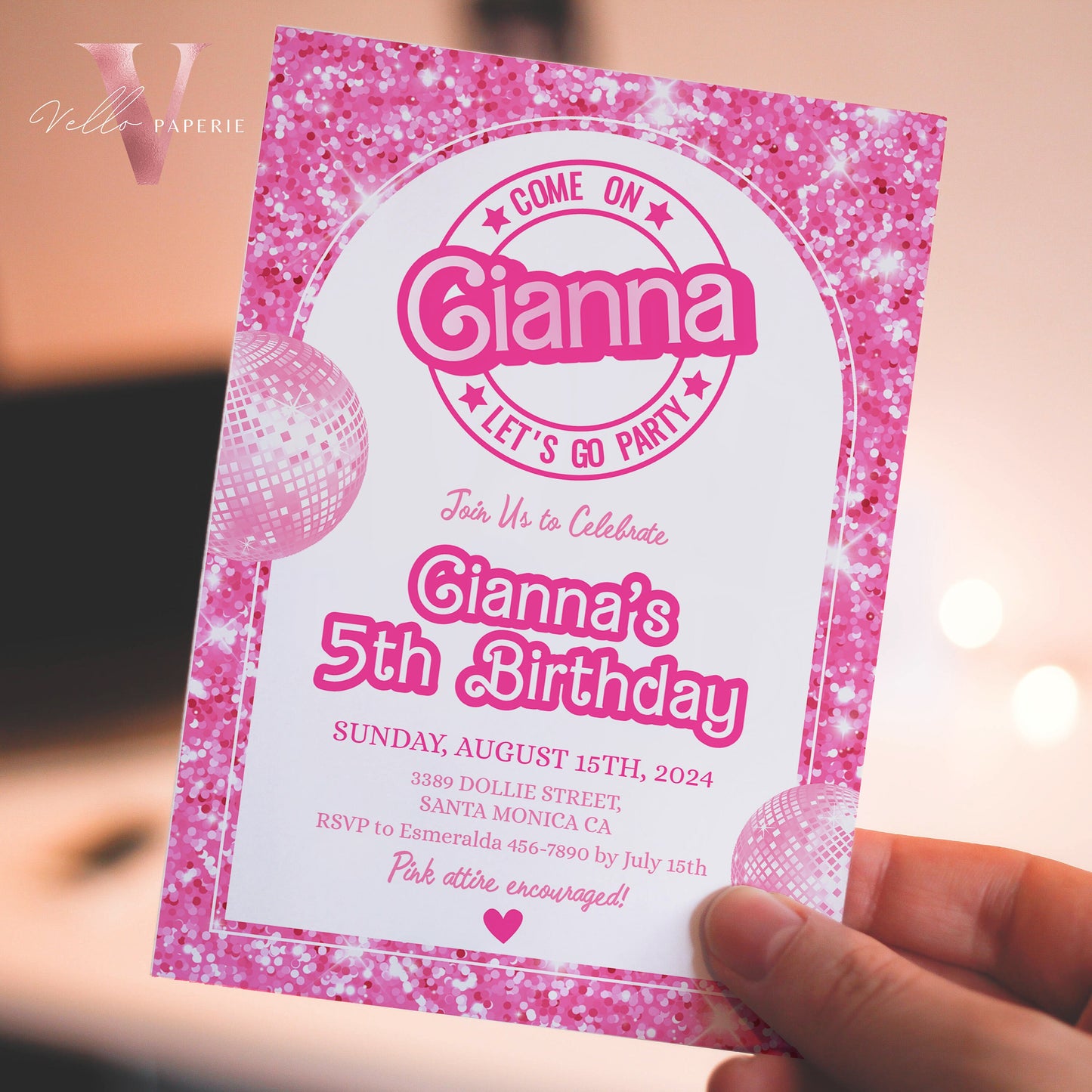 editable pink sparkle fashion doll birthday invitation, pink doll come on let's go party invite instant digital download