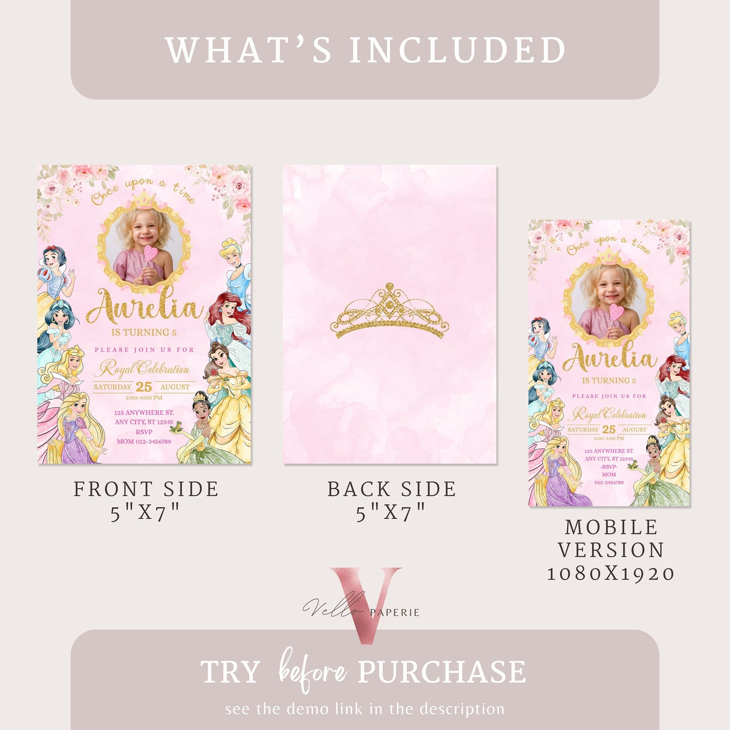 princess birthday photo invitation, once upon a time birthday party girl, pink gold princess watercolor invite editable instant download