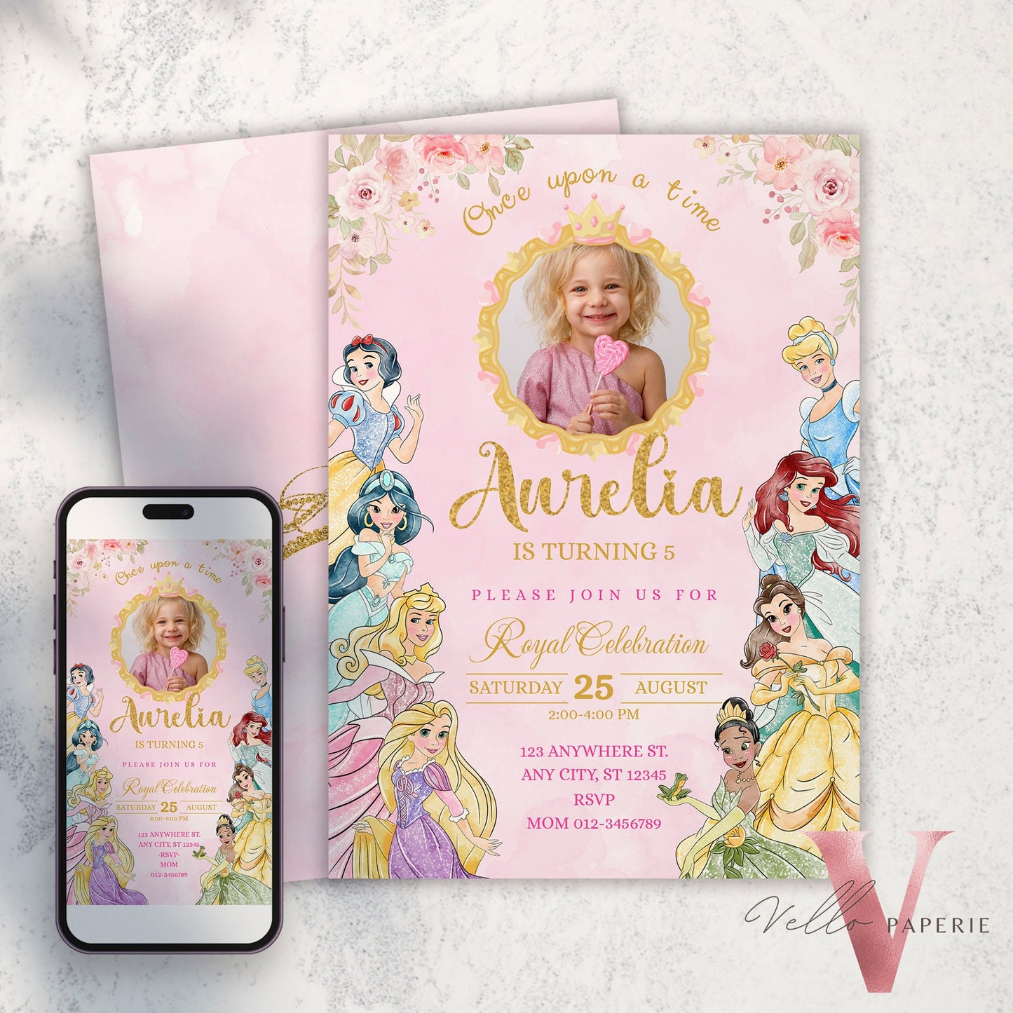 princess birthday photo invitation, once upon a time birthday party girl, pink gold princess watercolor invite editable instant download