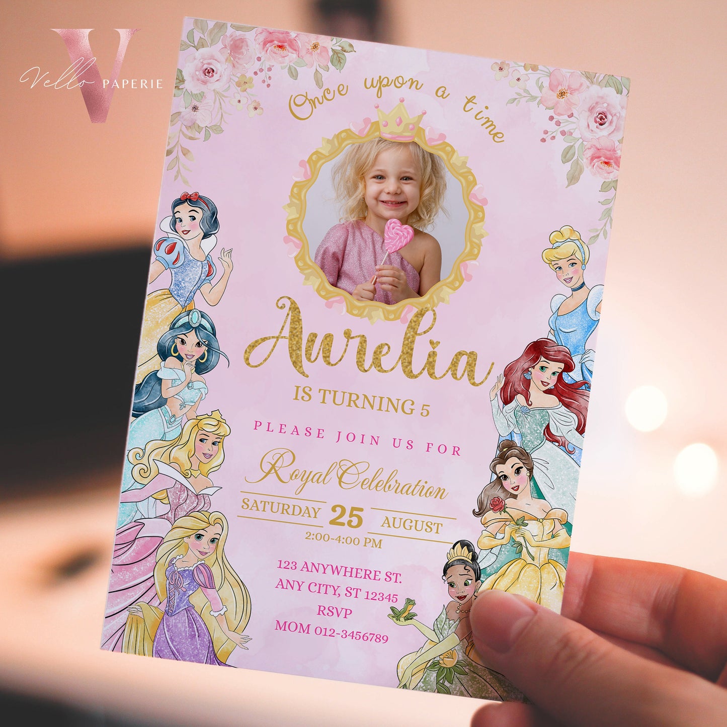 princess birthday photo invitation, once upon a time birthday party girl, pink gold princess watercolor invite editable instant download