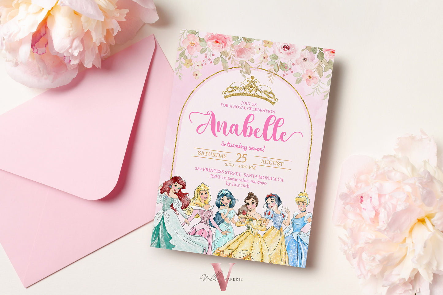 editable printable flower princess birthday invitation, once upon a time invite girl, princess character watercolor invite instant download