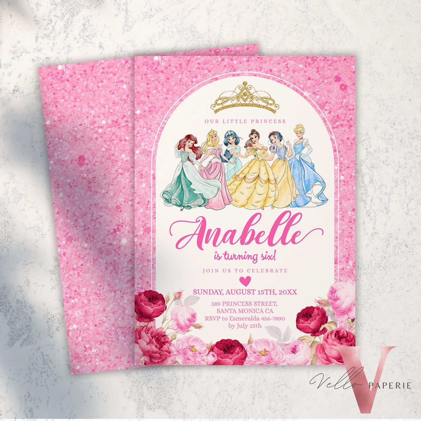 princess pink shimmer birthday invitation, once upon a time birthday party girl, princess character watercolor invite instant download