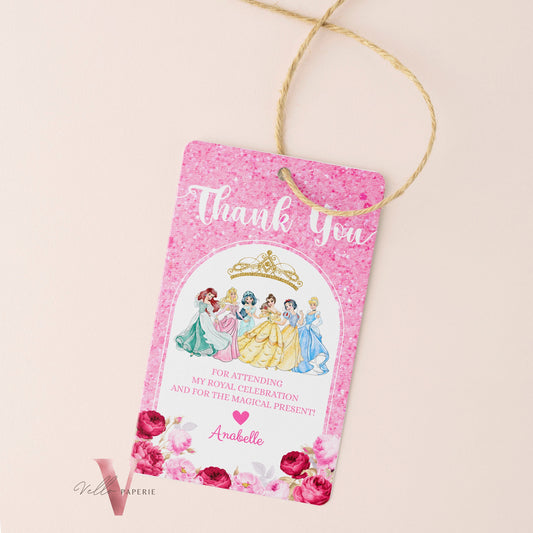 princess pink shimmer birthday thankyou card, once upon a time birthday girl party favor, princess character watercolor favor tag, gift tag