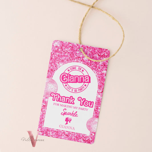 editable pink sparkle fashion doll birthday thankyou card, pink doll come on let's go disco party favor tag, gift tag instant download