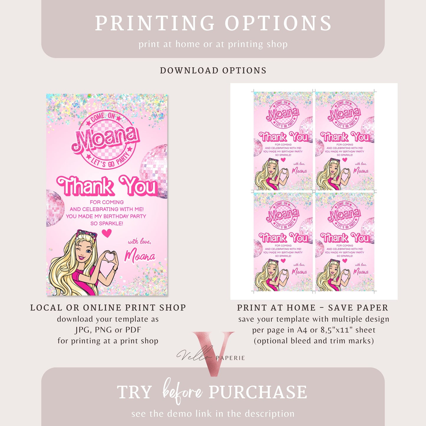 pink disco sparkle fashion doll birthday thankyou card, editable pink doll come on let's go disco party favor tag, gift tag instant download