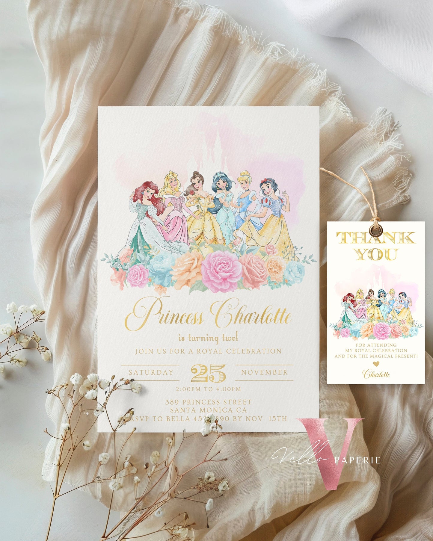 editable princess birthday invitation, once upon a time birthday party girl, beige gold princess watercolor invite instant download PB01