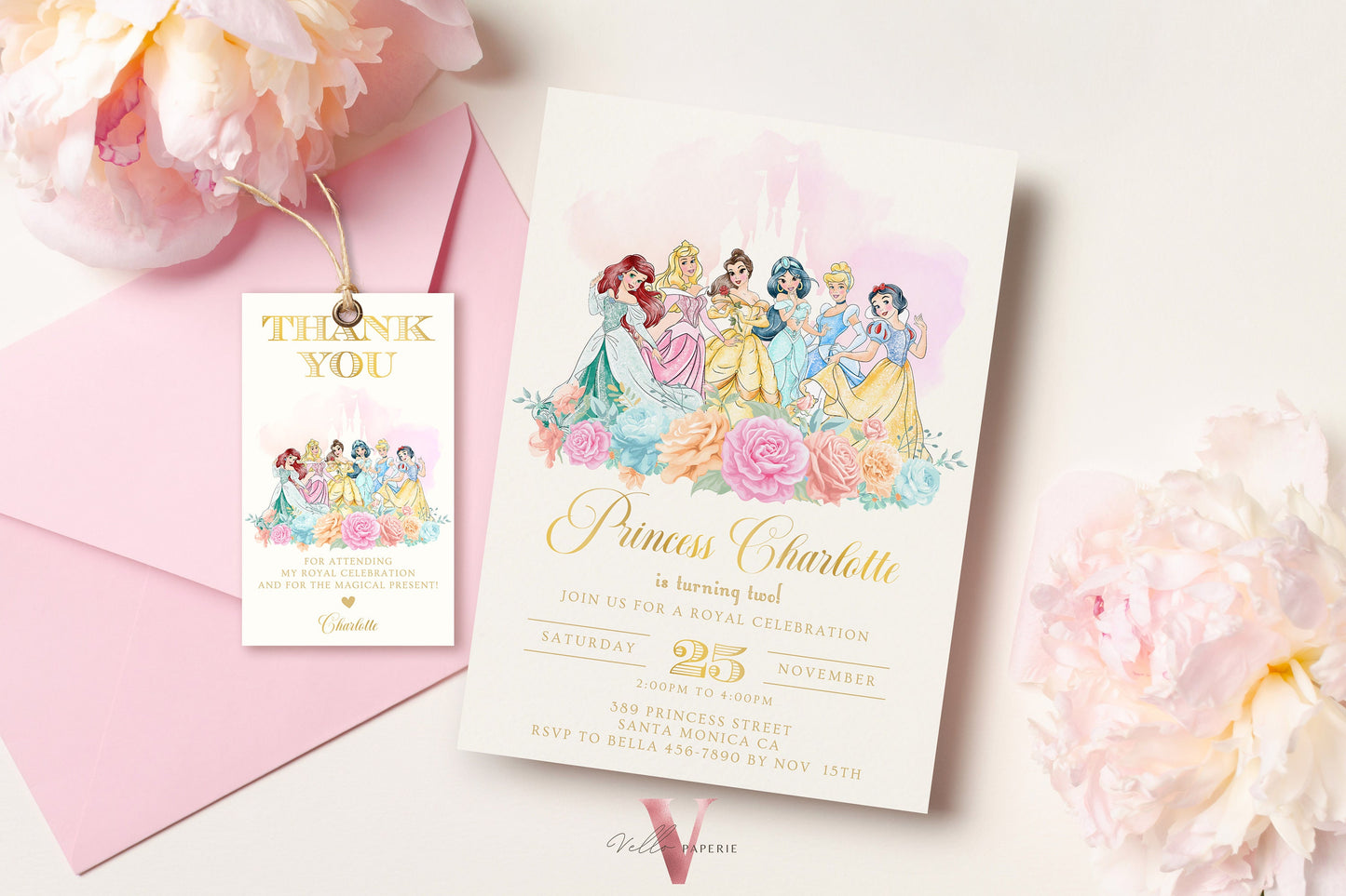 editable princess birthday invitation, once upon a time birthday party girl, beige gold princess watercolor invite instant download PB01