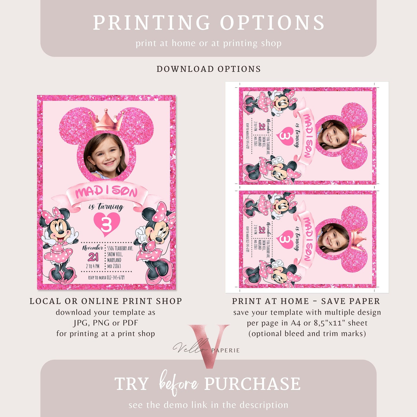 Photo Pink Minnie Birthday Invitation | Editable Printable Glitter Minnie Birthday Girl Party Invite with Photo Instant Digital Download