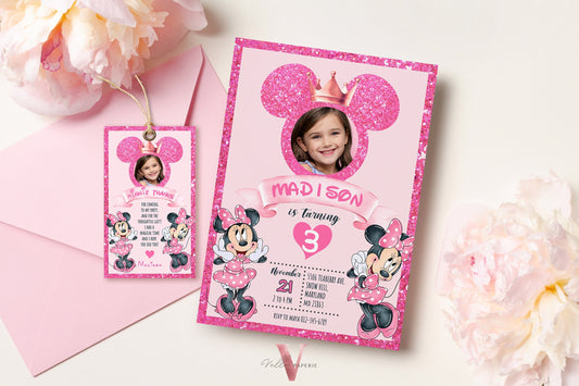 Photo Pink Minnie Birthday Invitation | Editable Printable Glitter Minnie Birthday Girl Party Invite with Photo Instant Digital Download