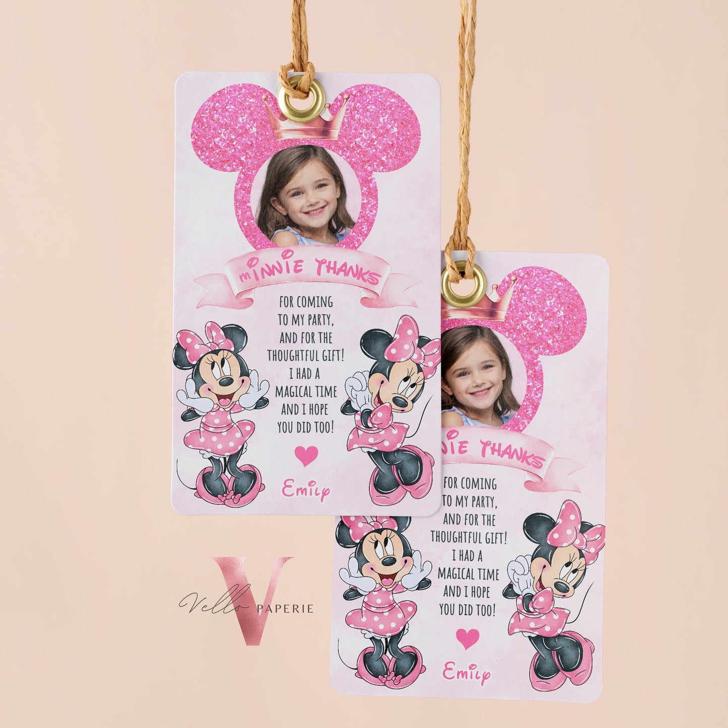 Photo Pink Minnie Birthday Thankyou Card | Editable Printable Selfie Glitter Minnie Birthday Party Favor Tag | Gift Tag Instant Download