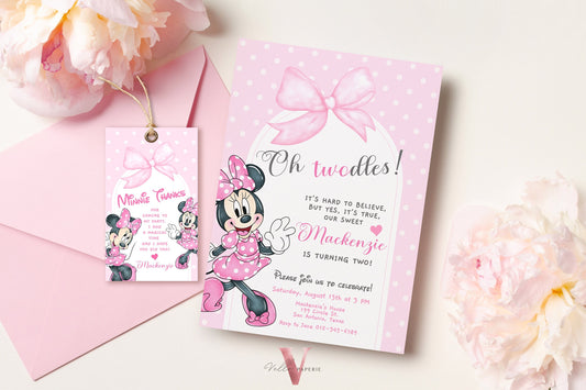 Oh Twodles Minnie Birthday Invitation | Editable Printable Watercolor Minnie Birthday Party Invite | Pink Minnie Twodles Instant Download