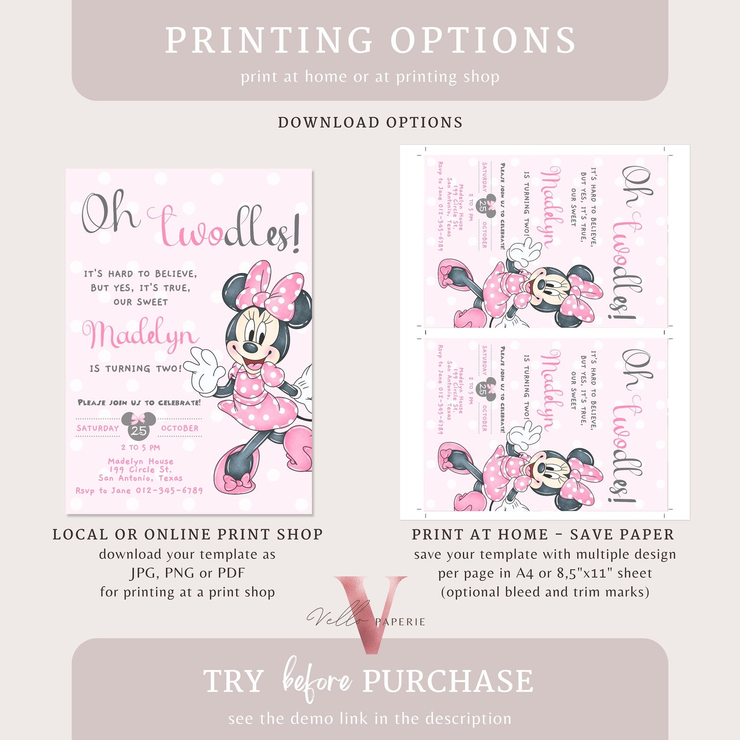 Oh Twodles Minnie Birthday Invitation | Editable Printable Watercolor Minnie Birthday Party Invite | Pink Minnie Twodles Instant Download