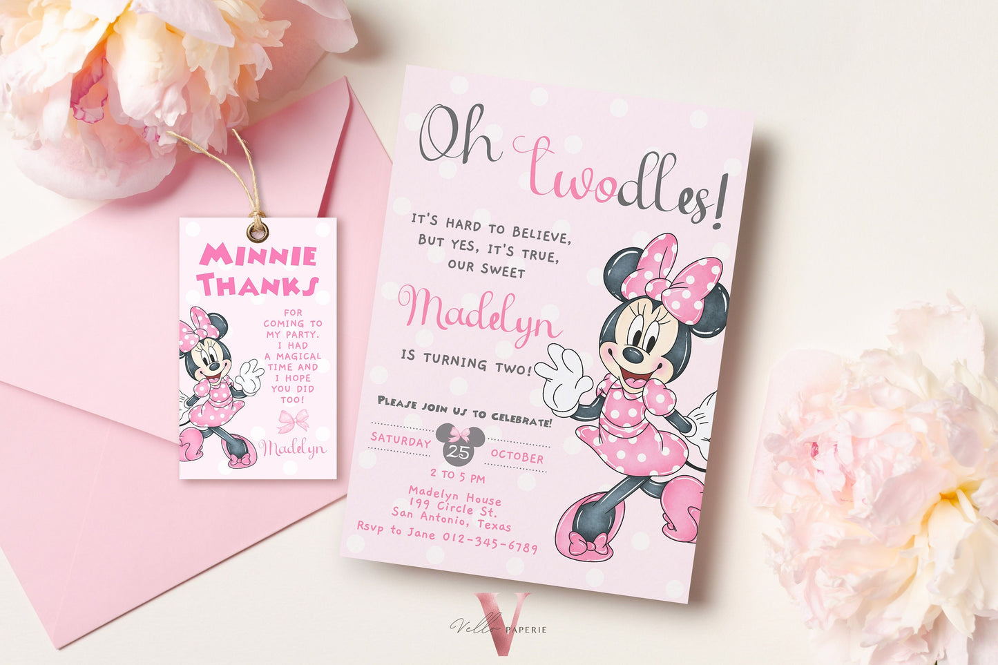 Oh Twodles Minnie Birthday Invitation | Editable Printable Watercolor Minnie Birthday Party Invite | Pink Minnie Twodles Instant Download