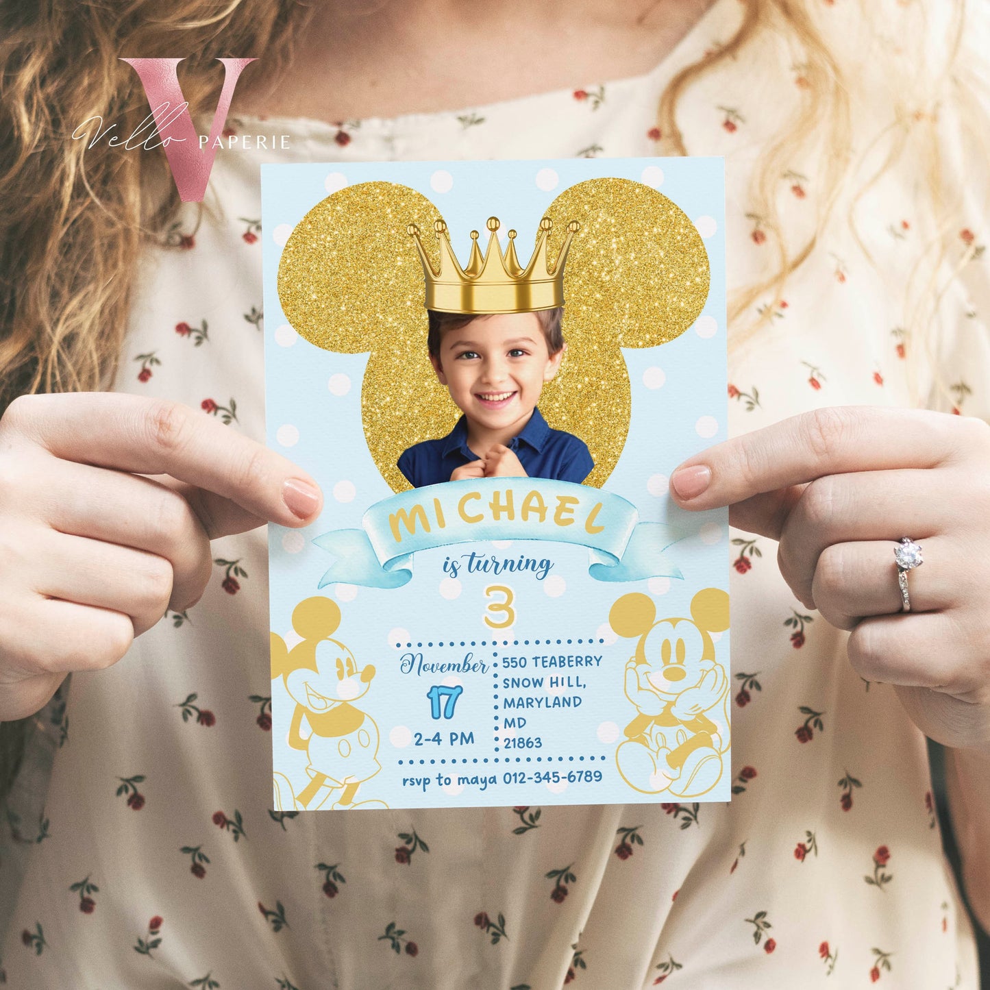 Photo Gold Glitter Royal Mickey Birthday Invitation | Editable Printable Blue Gold Mickey Birthday Party Invite with Photo Instant Download