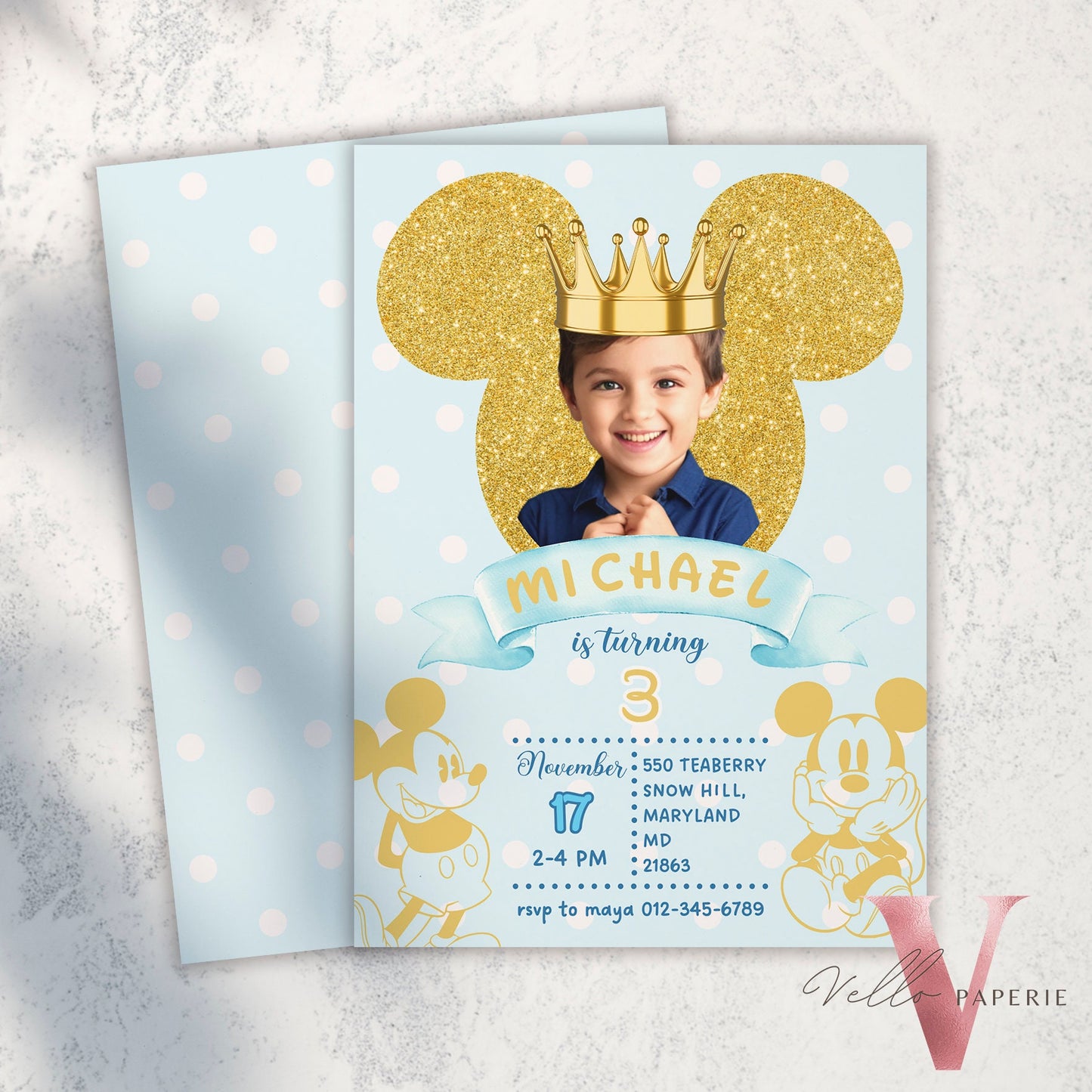 Photo Gold Glitter Royal Mickey Birthday Invitation | Editable Printable Blue Gold Mickey Birthday Party Invite with Photo Instant Download