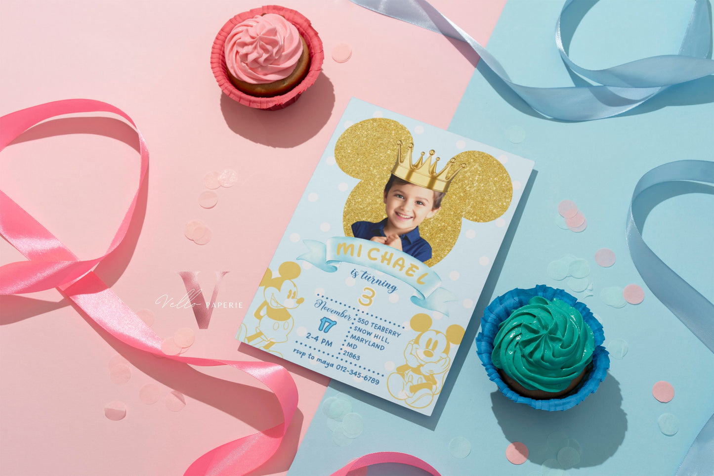 Photo Gold Glitter Royal Mickey Birthday Invitation | Editable Printable Blue Gold Mickey Birthday Party Invite with Photo Instant Download