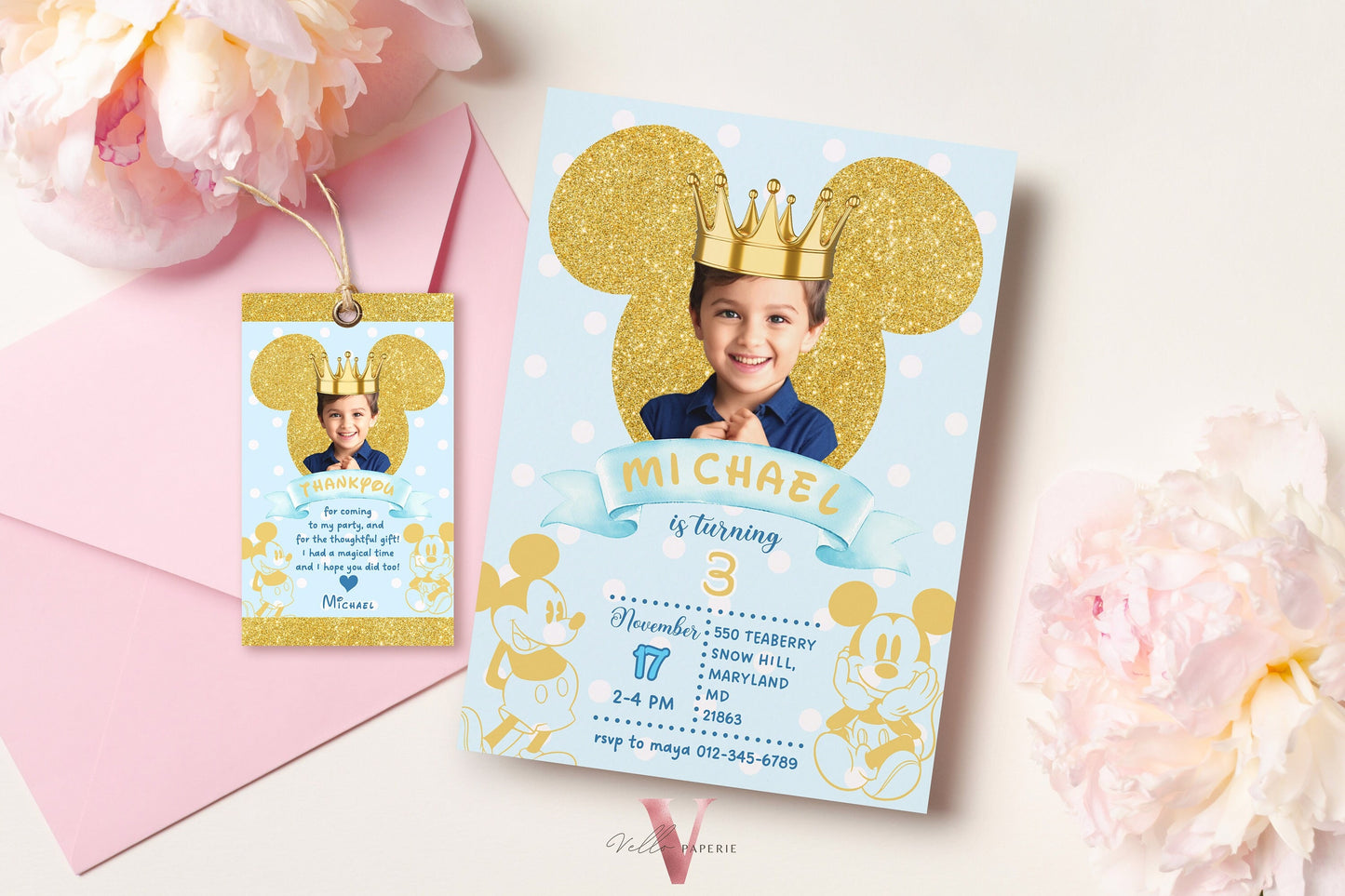 Photo Gold Glitter Royal Mickey Birthday Invitation | Editable Printable Blue Gold Mickey Birthday Party Invite with Photo Instant Download