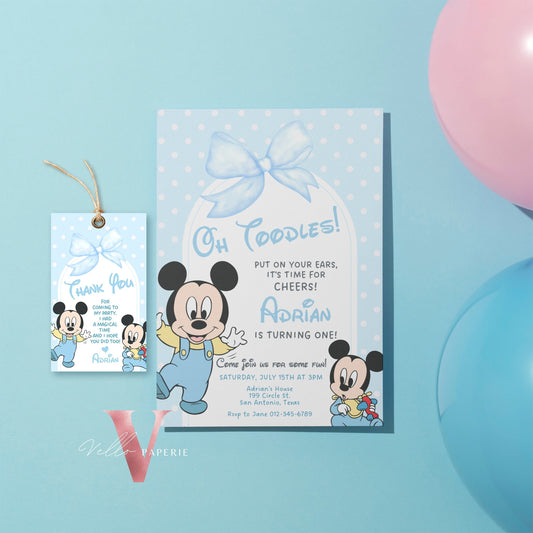 Oh Twodles Mickey Birthday Invitation | Editable Printable Watercolor Blue Mickey Birthday Party Invite | Mickey Twodles Instant Download