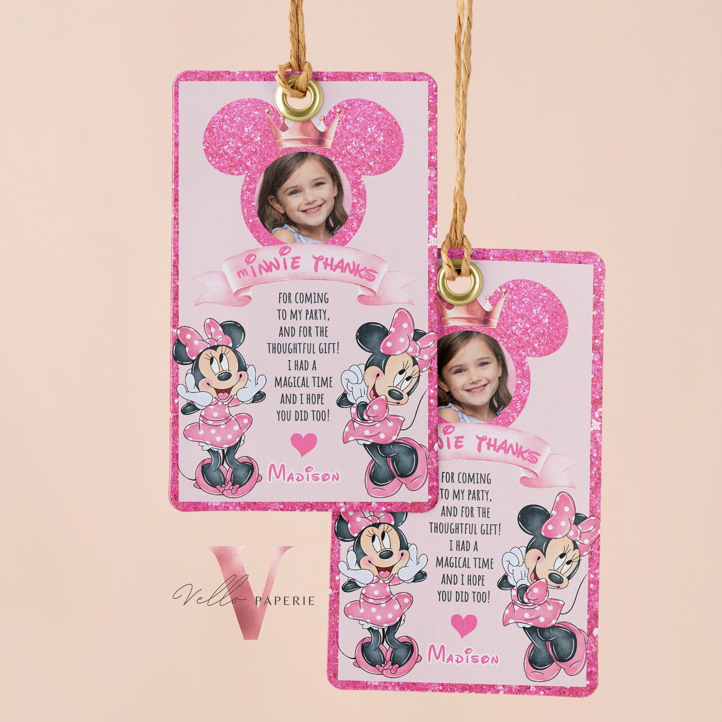 Photo Pink Minnie Birthday Thankyou Card | Editable Printable Selfie Glitter Minnie Birthday Party Favor Tag | Gift Tag Instant Download