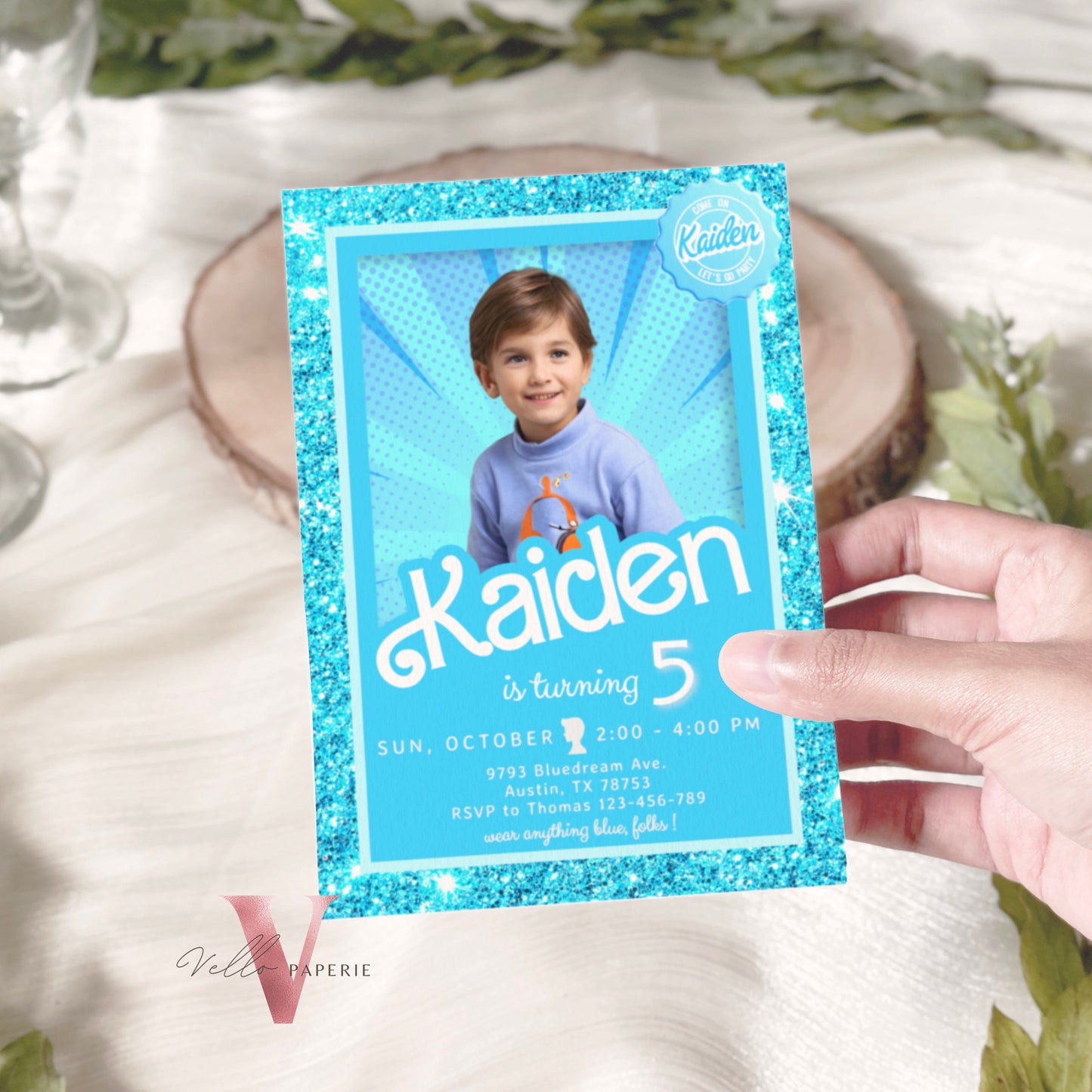 Blue Boy Doll Birthday Invitation with photo | Editable Printable Glitter Blue Doll Box Birthday Party Invite Instant Download