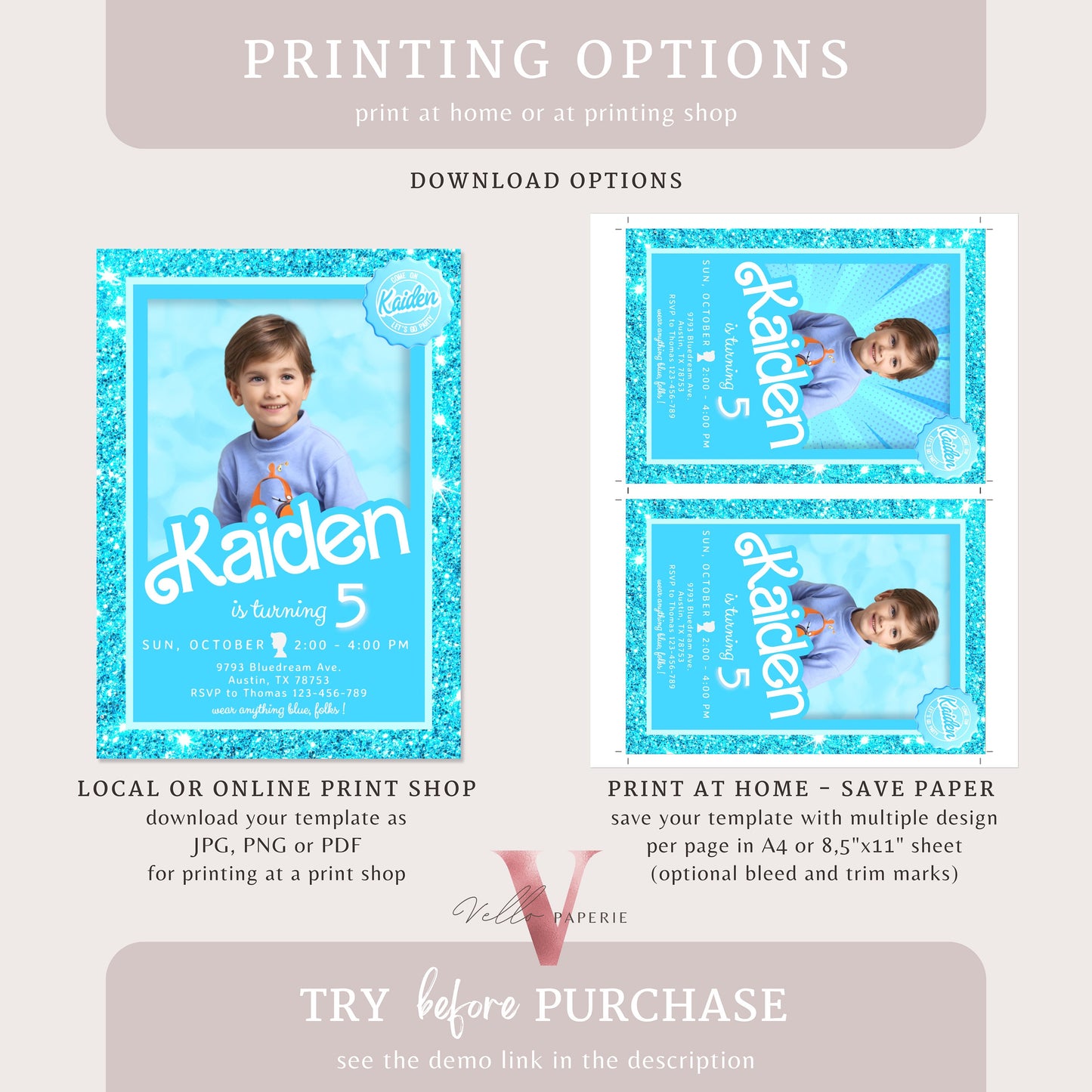 Blue Boy Doll Birthday Invitation with photo | Editable Printable Glitter Blue Doll Box Birthday Party Invite Instant Download