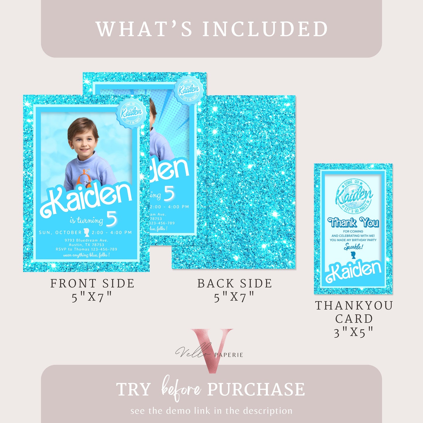 Blue Boy Doll Birthday Invitation with photo | Editable Printable Glitter Blue Doll Box Birthday Party Invite Instant Download