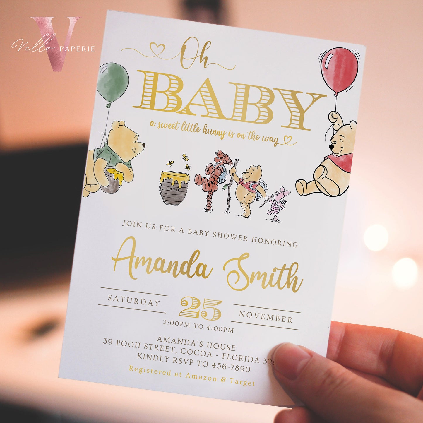 Winnie the Pooh Baby Shower Invitation | Editable Printable Beige Gold Pooh Baby Shower Party Invite | Honey Bee Gender Reveal Party Invite