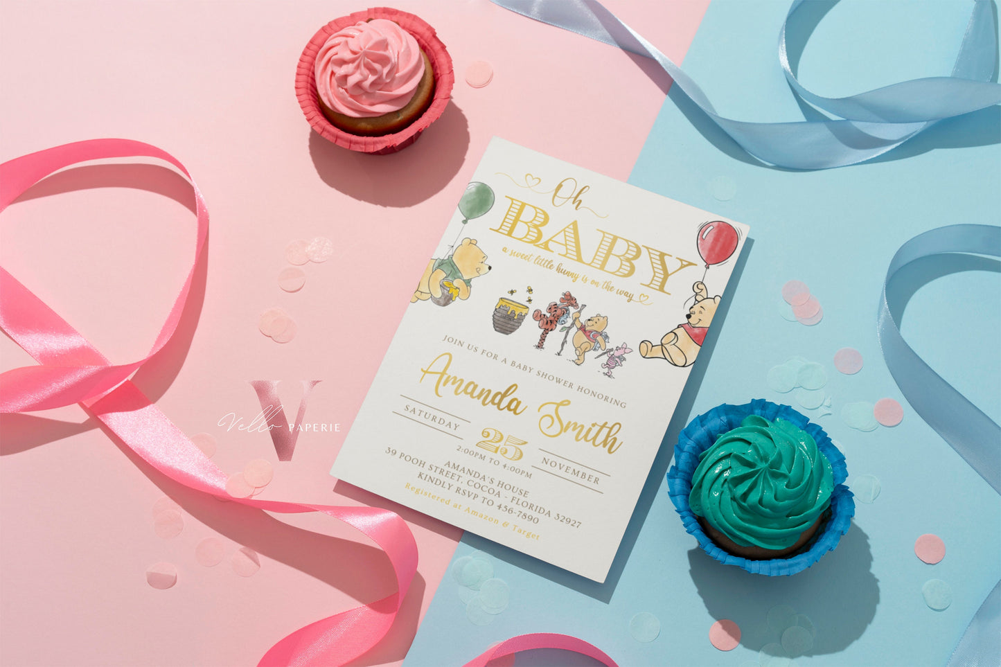 Winnie the Pooh Baby Shower Invitation | Editable Printable Beige Gold Pooh Baby Shower Party Invite | Honey Bee Gender Reveal Party Invite