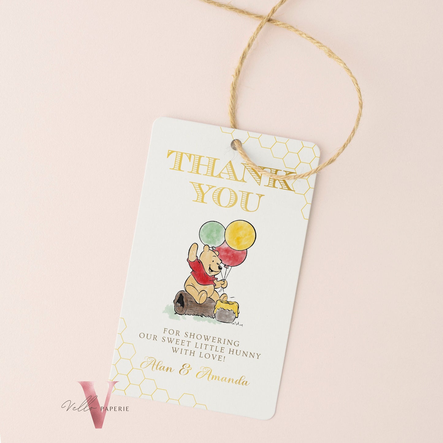 Winnie the Pooh Baby Shower Thankyou Card | Editable Printable Beige Gold Pooh Baby Shower Party Favor Tag | Gender Reveal Party Gift Tag