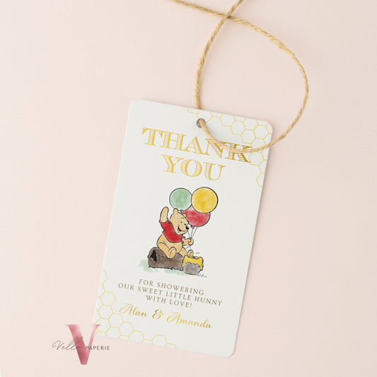 Winnie the Pooh Baby Shower Thankyou Card | Editable Printable Beige Gold Pooh Baby Shower Party Favor Tag | Gender Reveal Party Gift Tag