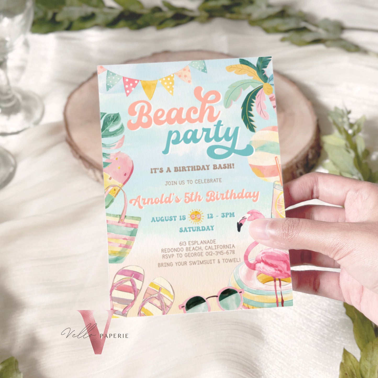 Editable Beach Birthday Party Invitation | Watercolor Summer Party Invite | Peach Turquoise Beach Party Invite Teen Birthday Bash Instant