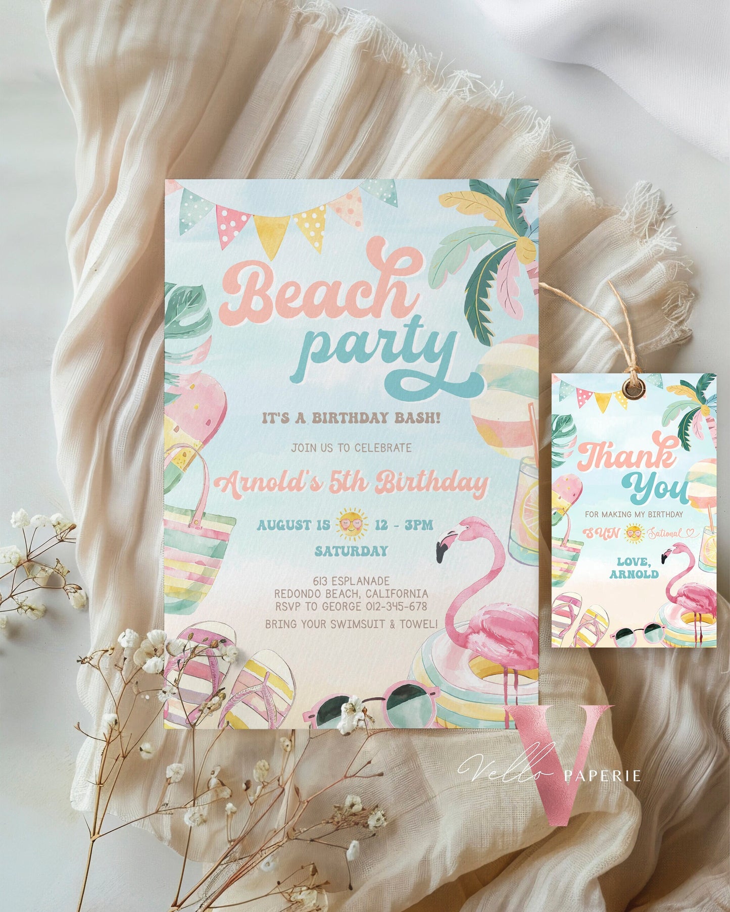 Editable Beach Birthday Party Invitation | Watercolor Summer Party Invite | Peach Turquoise Beach Party Invite Teen Birthday Bash Instant