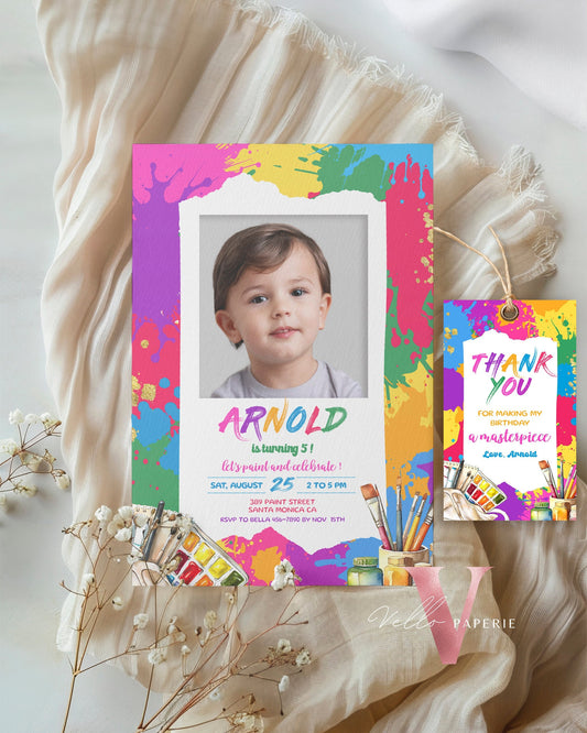 Colorful Kids Paint Birthday Invitation | Editable Printable Rainbow Paint Party Invite with photo | Creative Activity Kid Party Instant