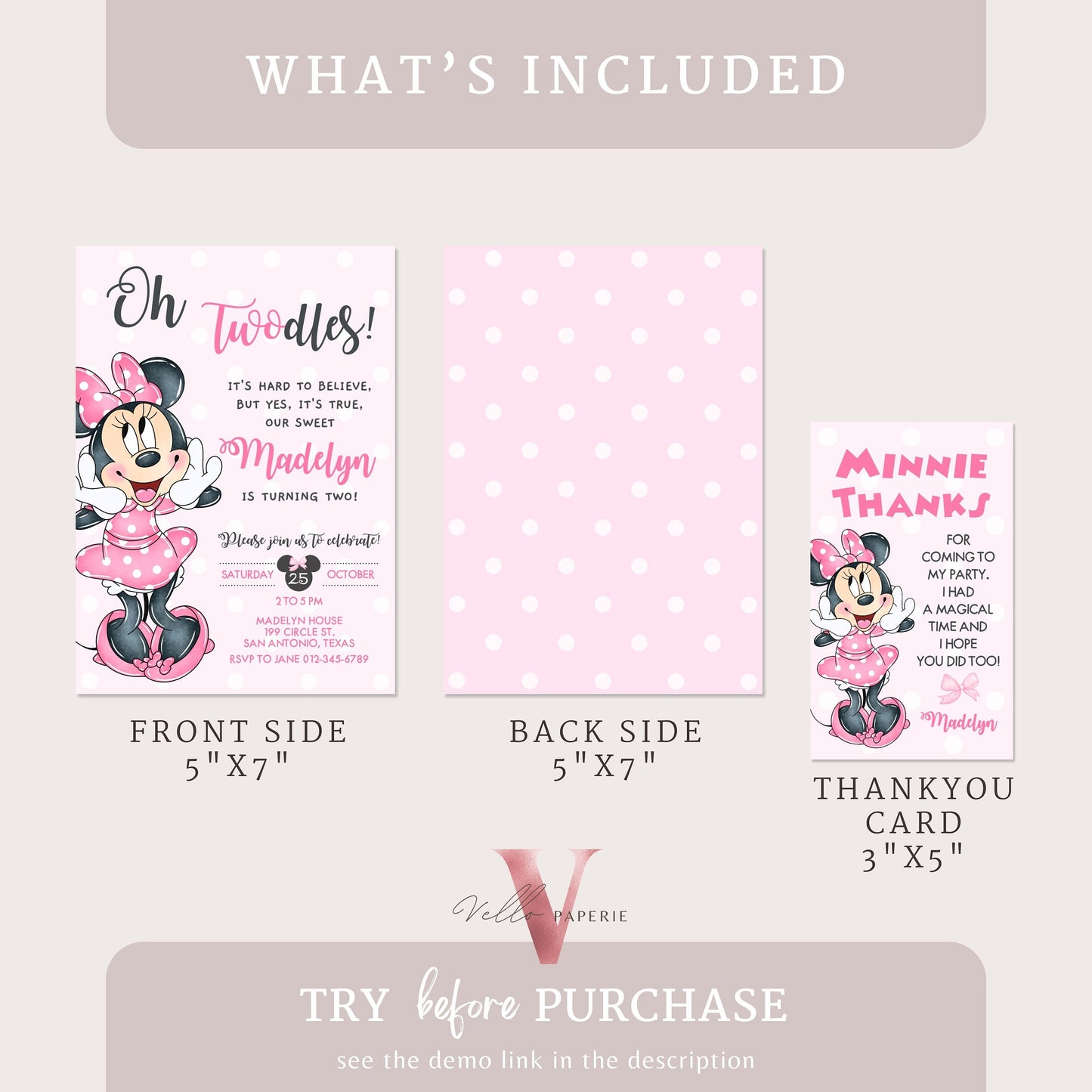 Self Editable Oh TWOdles Minnie Mouse Birthday Invitation, Light Pink Polka Dot Invite, 2 year old Girl Second Birthday Instant Download MMB01