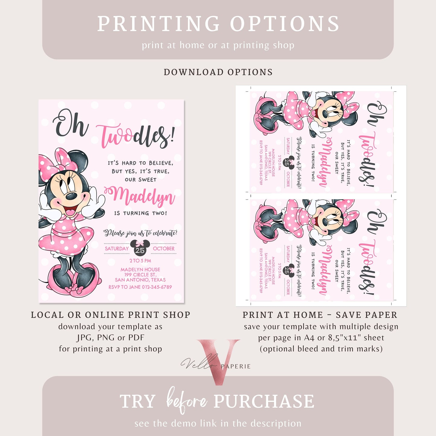 Self Editable Oh TWOdles Minnie Mouse Birthday Invitation, Light Pink Polka Dot Invite, 2 year old Girl Second Birthday Instant Download MMB01