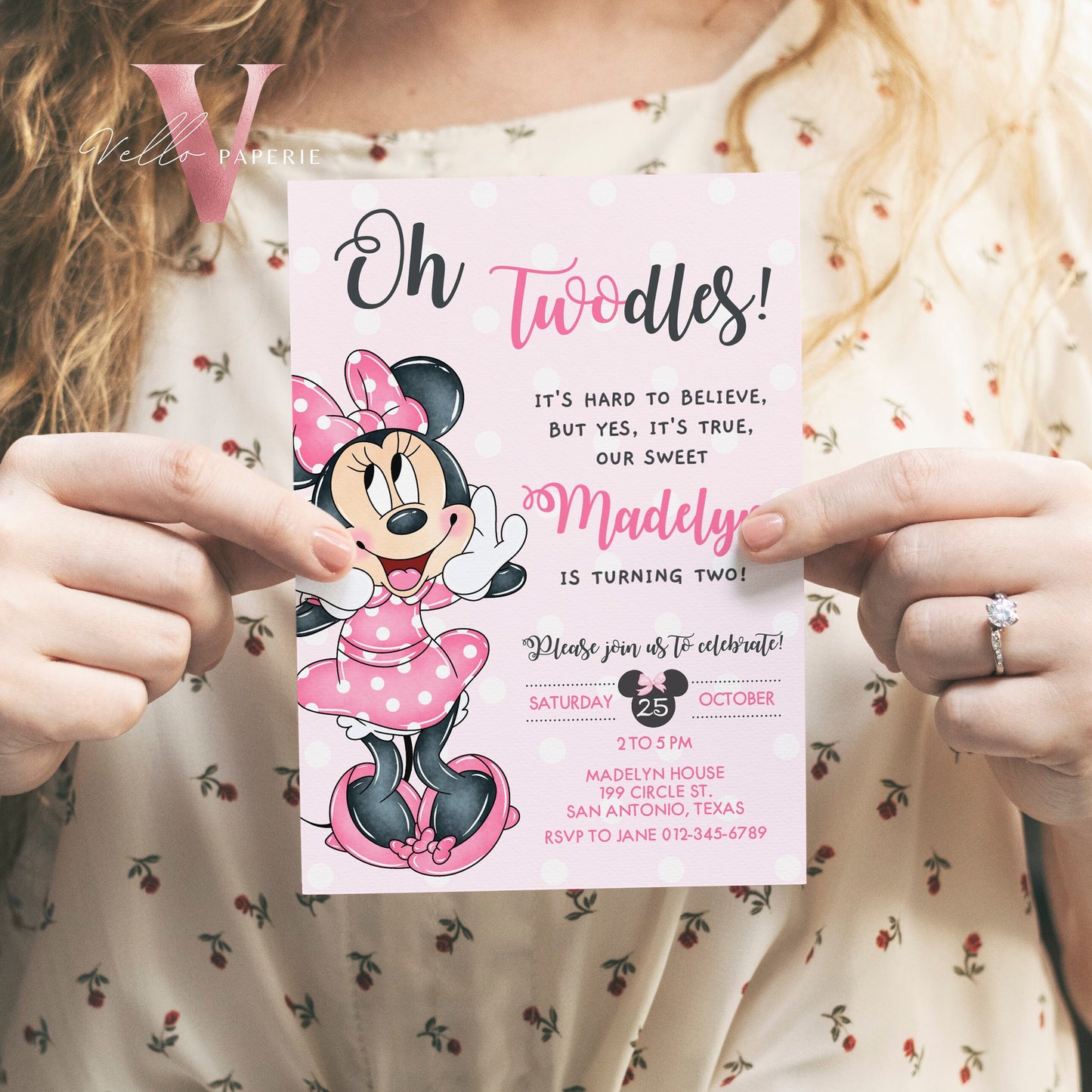 Self Editable Oh TWOdles Minnie Mouse Birthday Invitation, Light Pink Polka Dot Invite, 2 year old Girl Second Birthday Instant Download MMB01