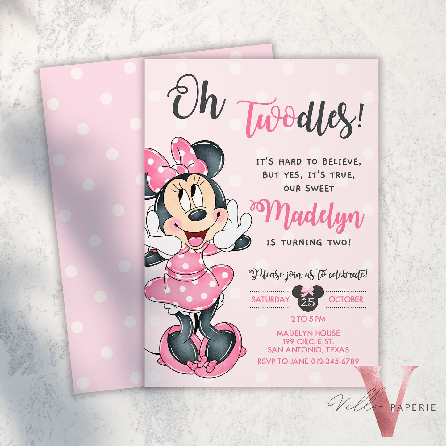 Self Editable Oh TWOdles Minnie Mouse Birthday Invitation, Light Pink Polka Dot Invite, 2 year old Girl Second Birthday Instant Download MMB01