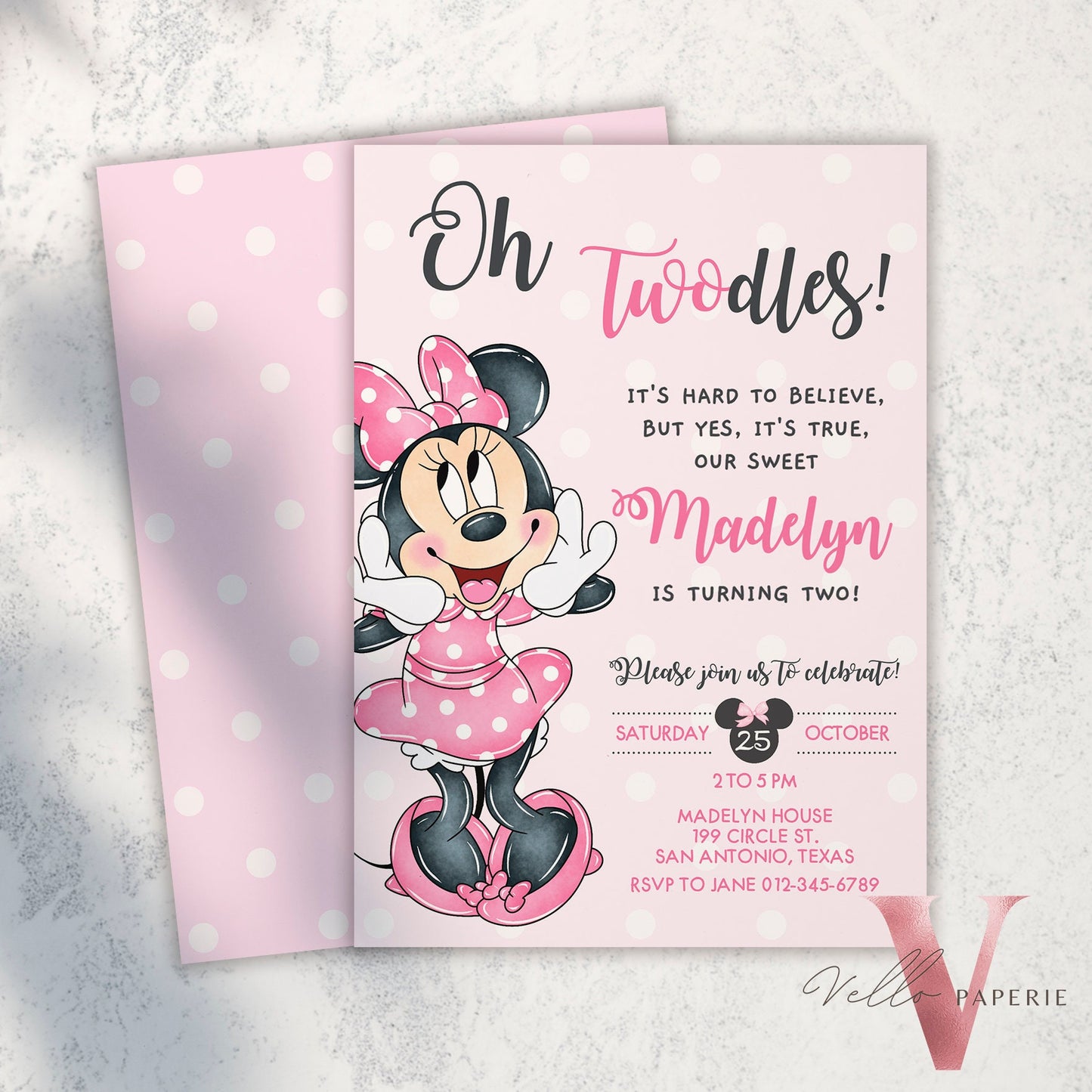 Self Editable Oh TWOdles Minnie Mouse Birthday Invitation, Light Pink Polka Dot Invite 2year old Girl Second Birthday Instant Download MMB01