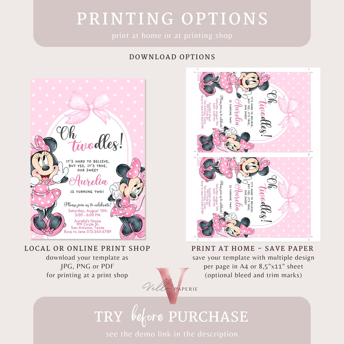 Self Editable Oh TWOdles Minnie Mouse Birthday Invitation, Light Pink Polka Dot Invite, 2 year old Girl Second Birthday Instant Download