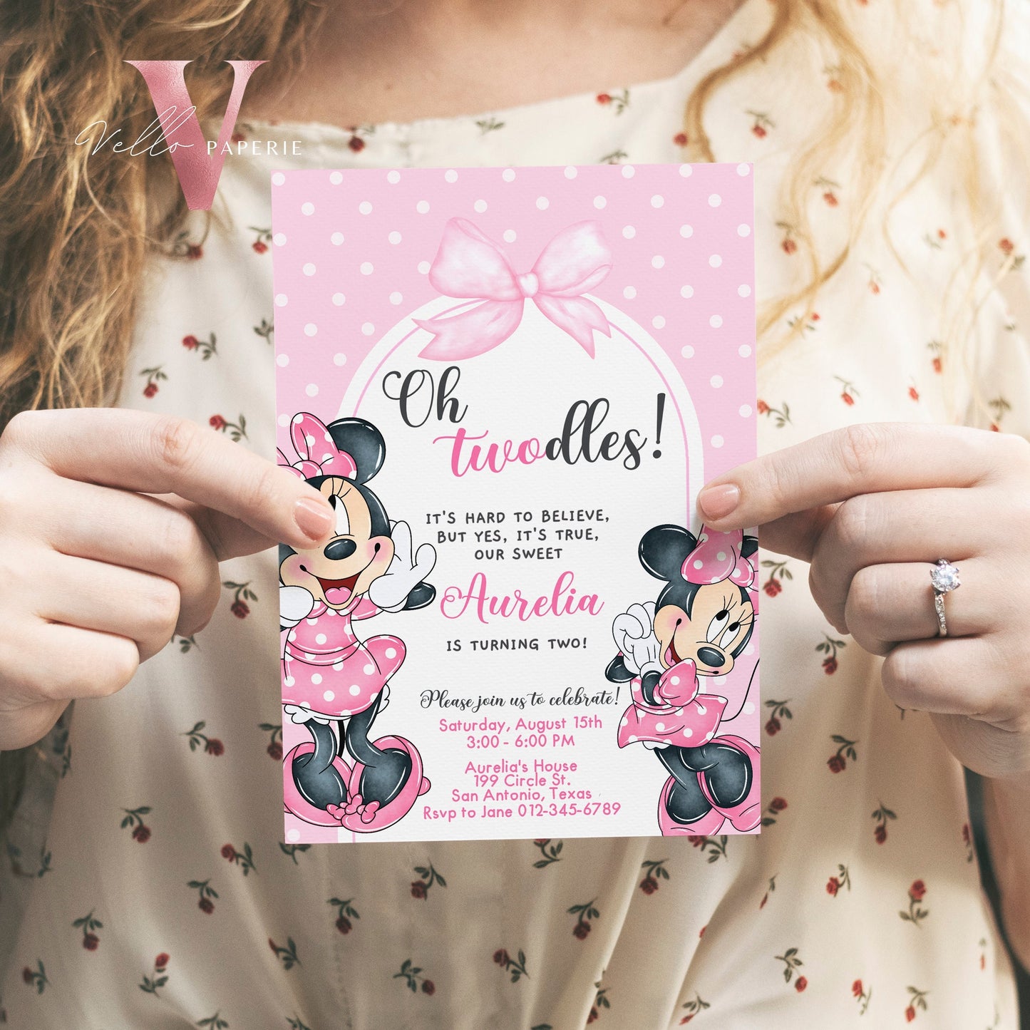 Self Editable Oh TWOdles Minnie Mouse Birthday Invitation, Light Pink Polka Dot Invite, 2 year old Girl Second Birthday Instant Download