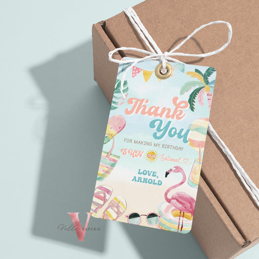 Editable Beach Birthday Party Thankyou Card | Watercolor Summer Party Favor Tag | Peach Turquoise Beach Teen Birthday Bash Gift Tag