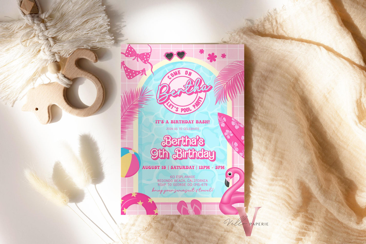 Pink Doll Pool Birthday Invitation | Editable Printable Malibu Pool Party Invite | Pink Blue Malibu Come On Lets Go Party Instant  PDP01