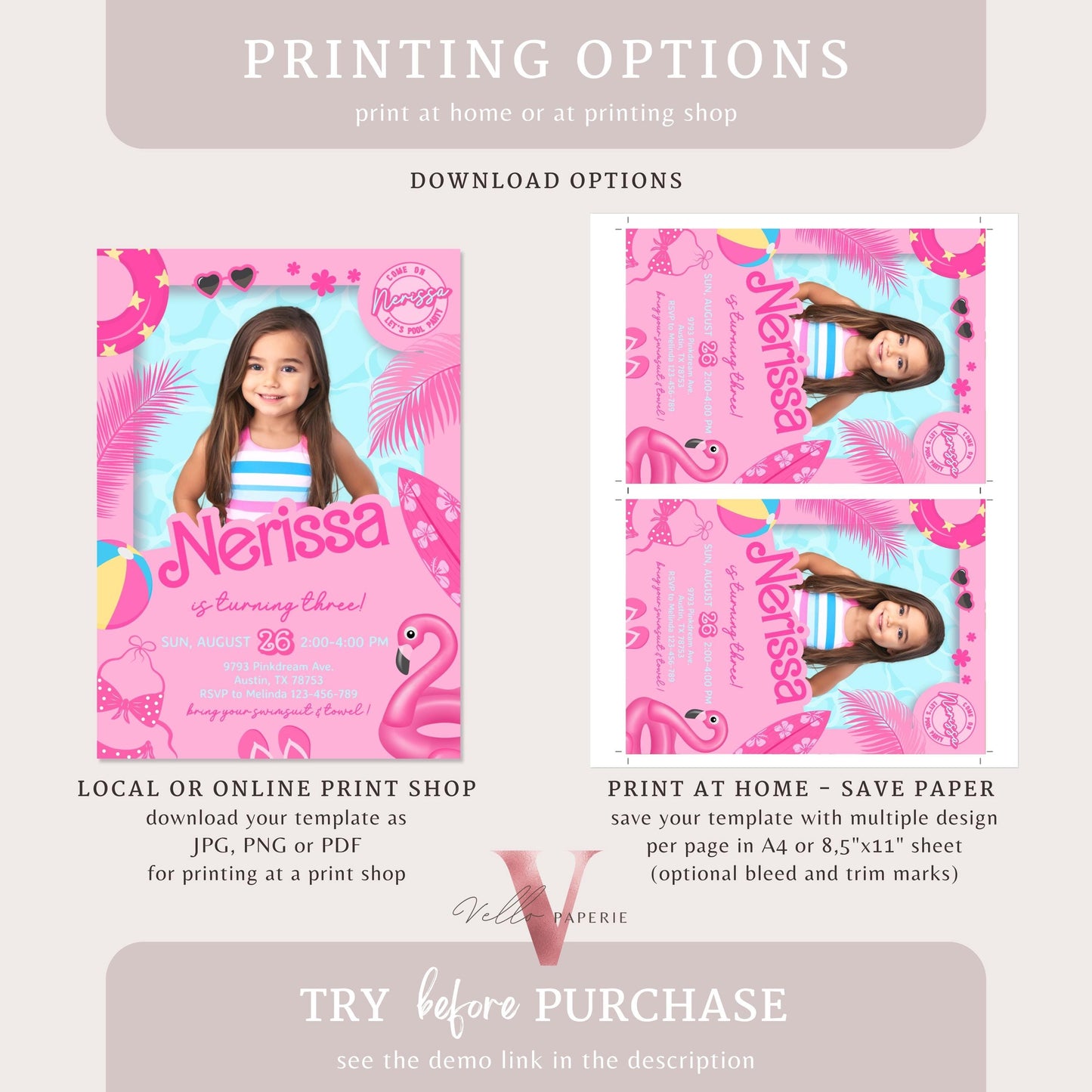 Self Edit Photo Pink Doll Pool Birthday Invitation | Editable Printable Malibu Pool Party Invite | Pink Blue Malibu Come On Lets Go Party