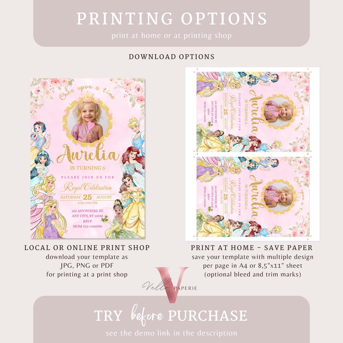 princess birthday photo invitation, once upon a time birthday party girl, pink gold princess watercolor invite editable instant download