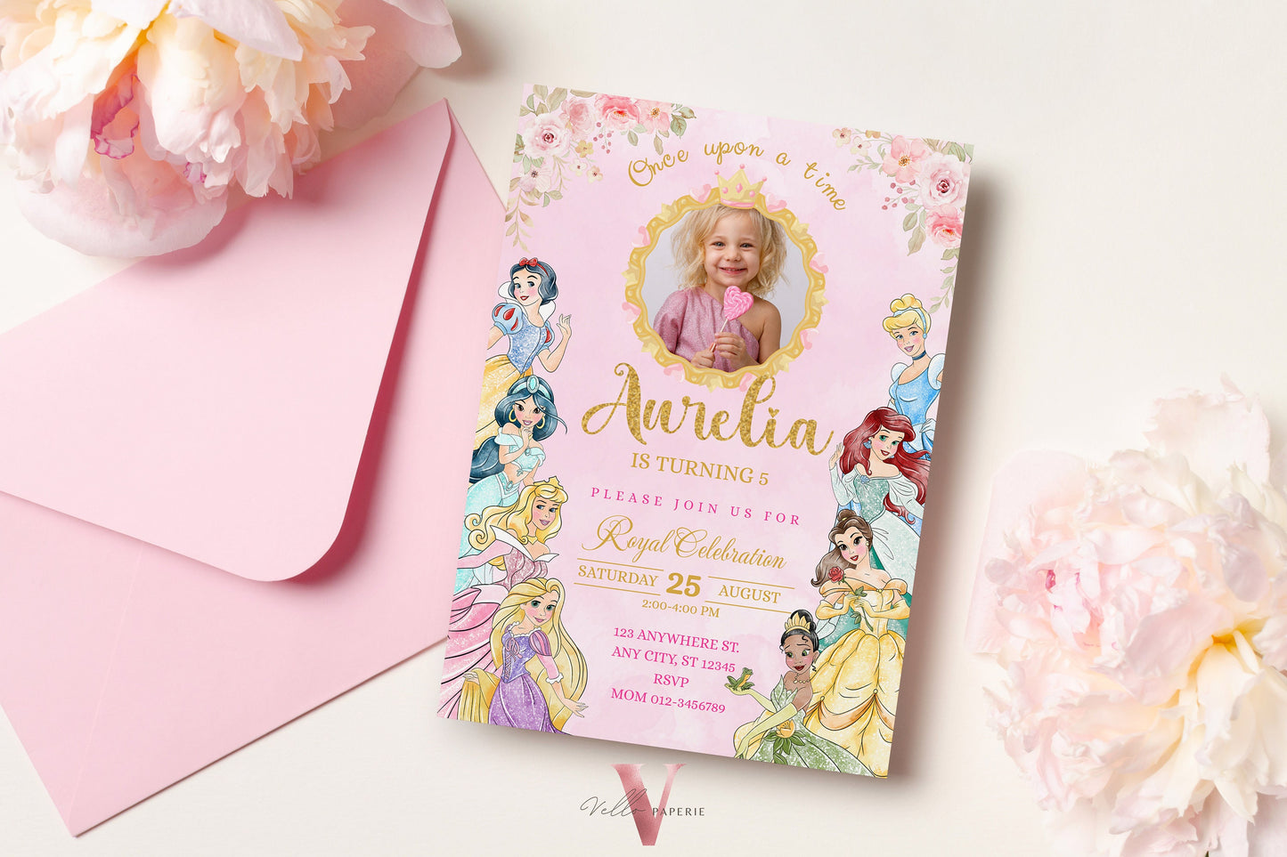 princess birthday photo invitation, once upon a time birthday party girl, pink gold princess watercolor invite editable instant download