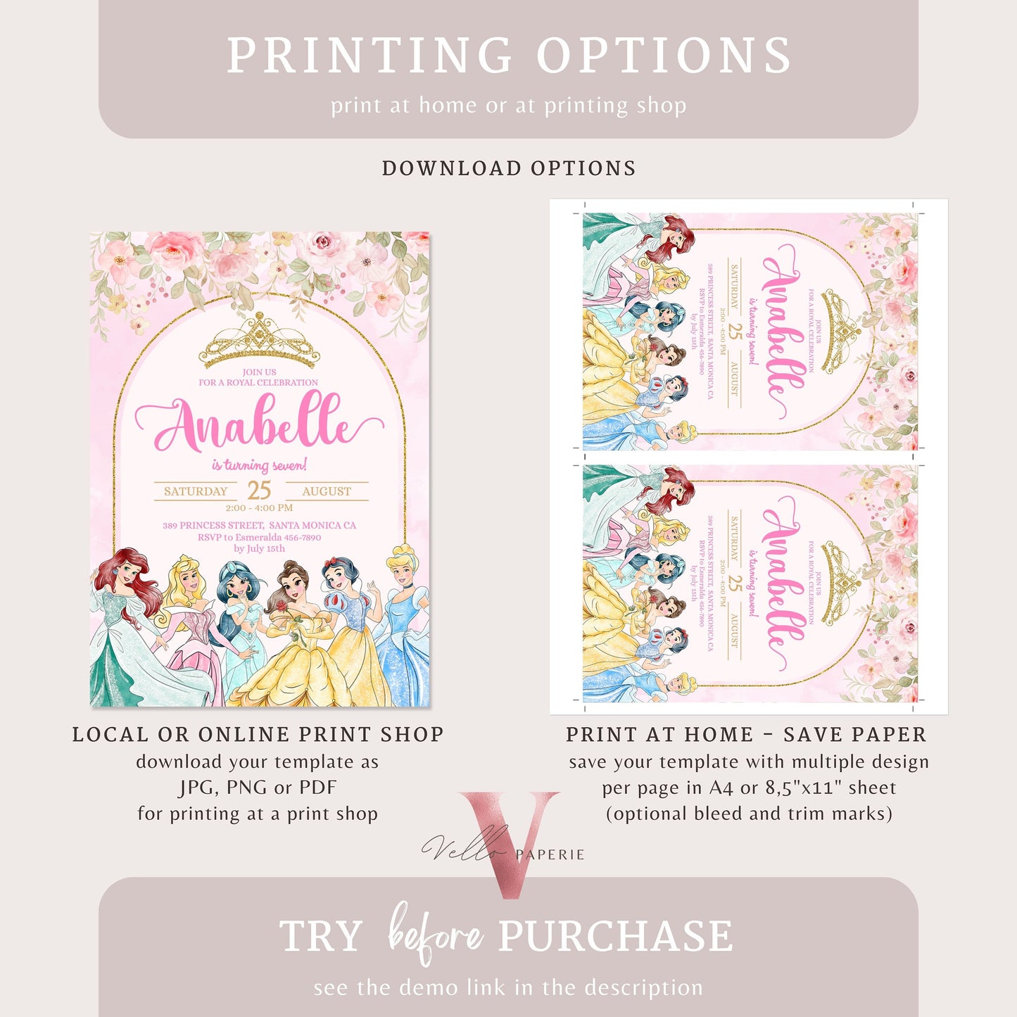 editable printable flower princess birthday invitation, once upon a time invite girl, princess character watercolor invite instant download