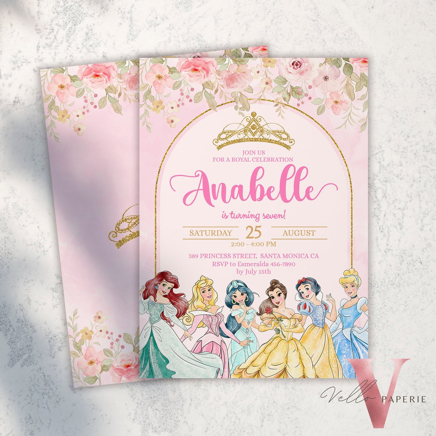 editable printable flower princess birthday invitation, once upon a time invite girl, princess character watercolor invite instant download