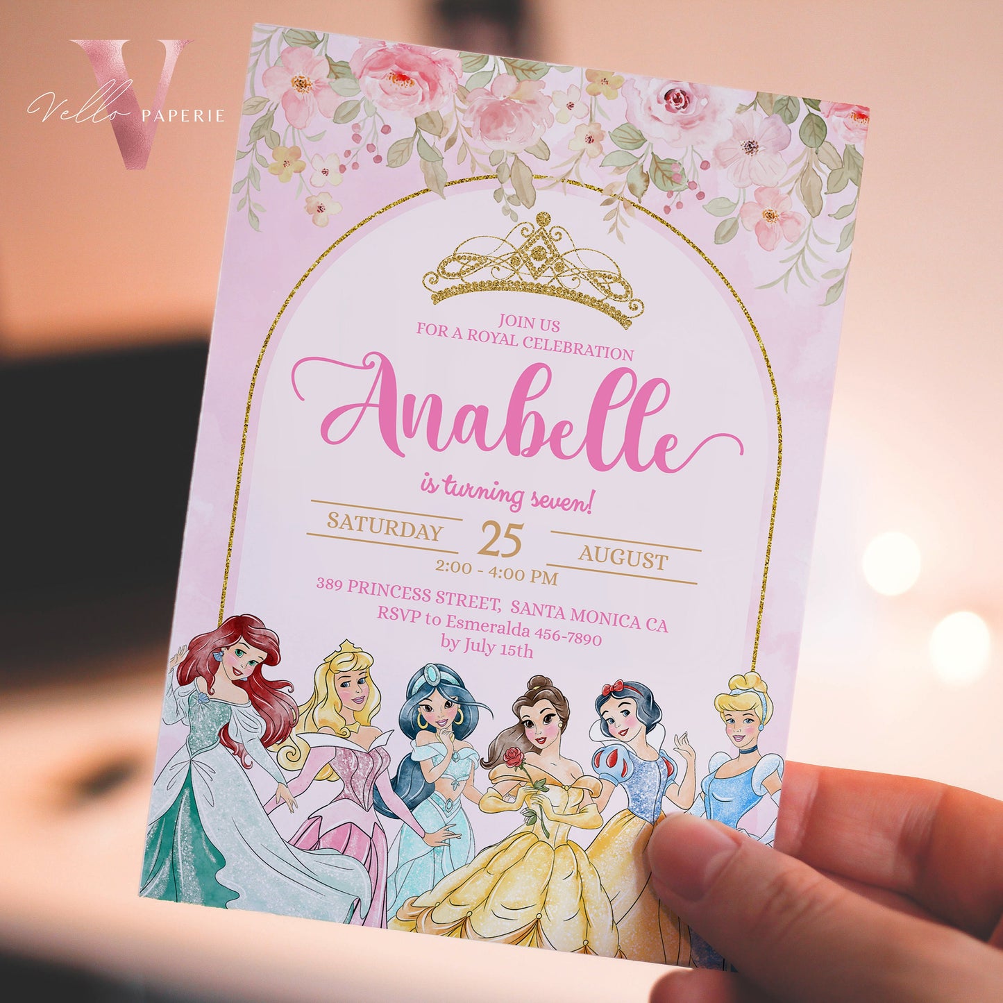 editable printable flower princess birthday invitation, once upon a time invite girl, princess character watercolor invite instant download