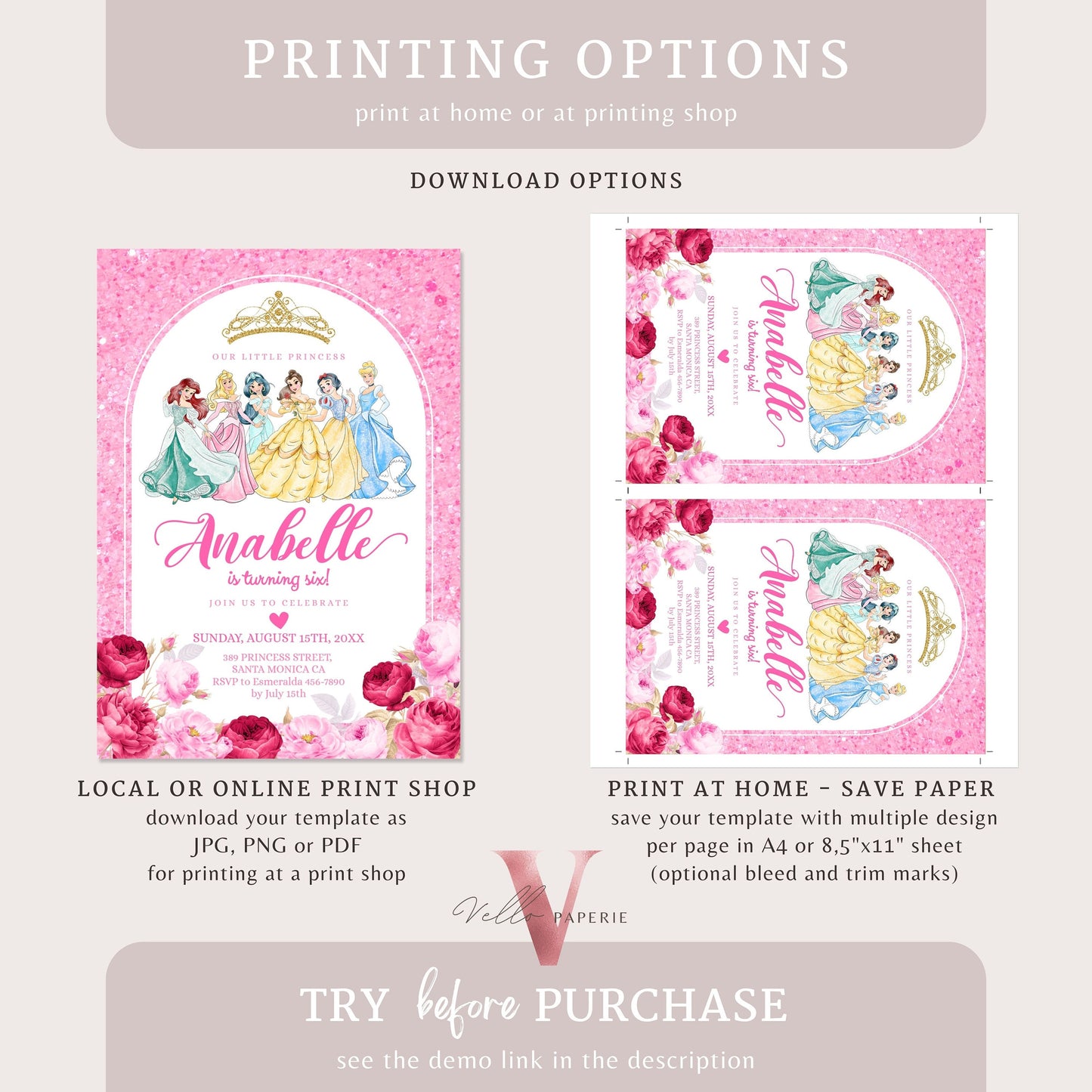 princess pink shimmer birthday invitation, once upon a time birthday party girl, princess character watercolor invite instant download