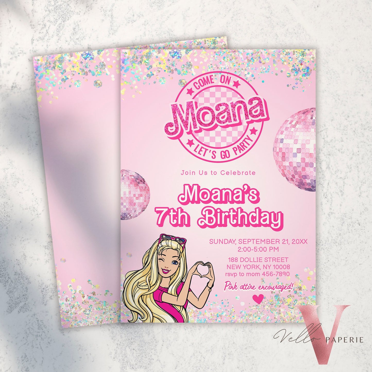 editable pink disco unicorn sparkle fashion doll birthday invitation, pink doll glitter come on lets go party invite instant download